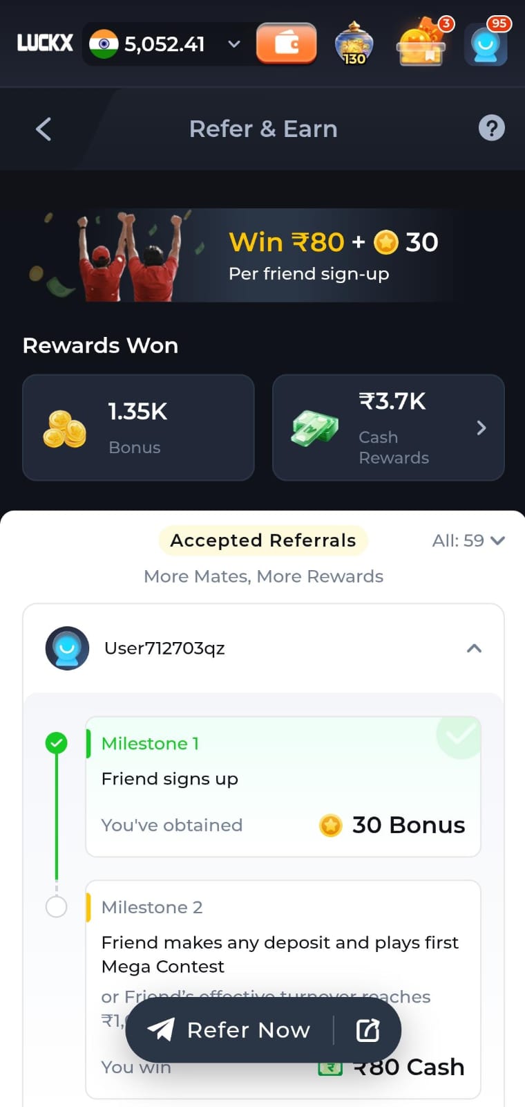 LuckX Game Refer and Earn page showing referral rewards and bonus details
