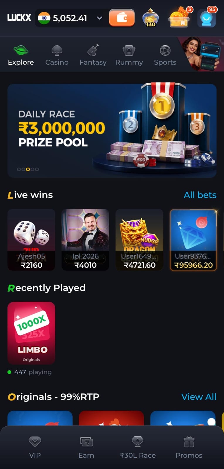 LuckX Game casino app home screen with live wins and gaming categories